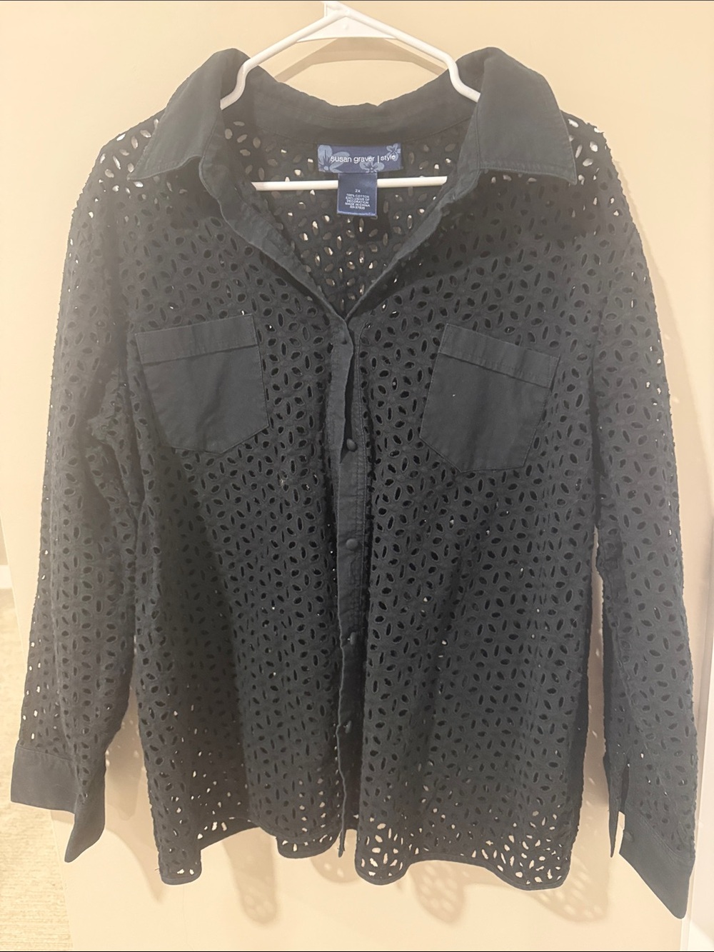 Susan Graver Black Eyelet Button-Down Shirt
